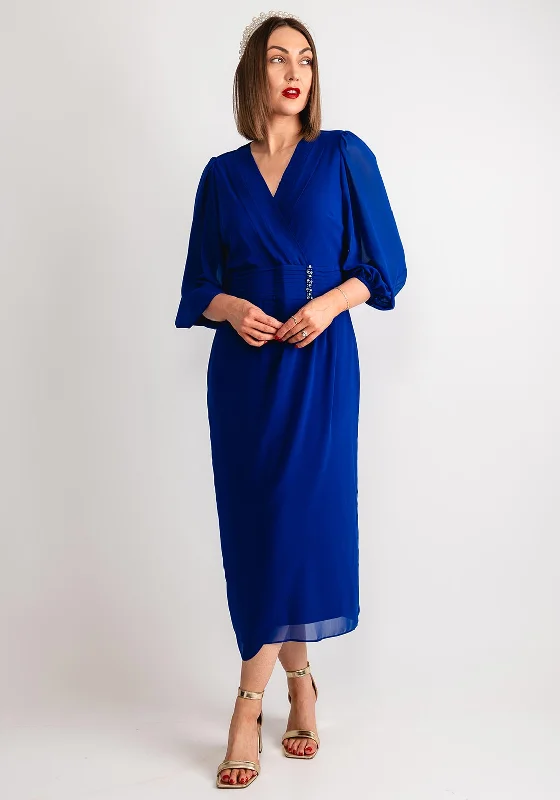 Lizabella Chiffon Wrap Midi Dress, Royal Blue Fashionable Sheer Sleeve Midi Dress