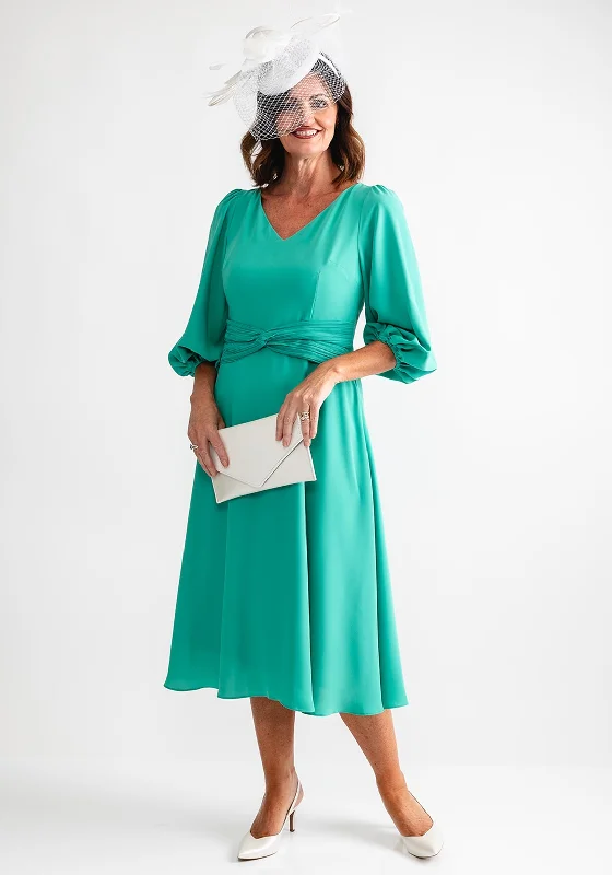 Lizabella Knit Waist V Neck Midi Dress, Jade Green Trendy Square Neck Midi Dress