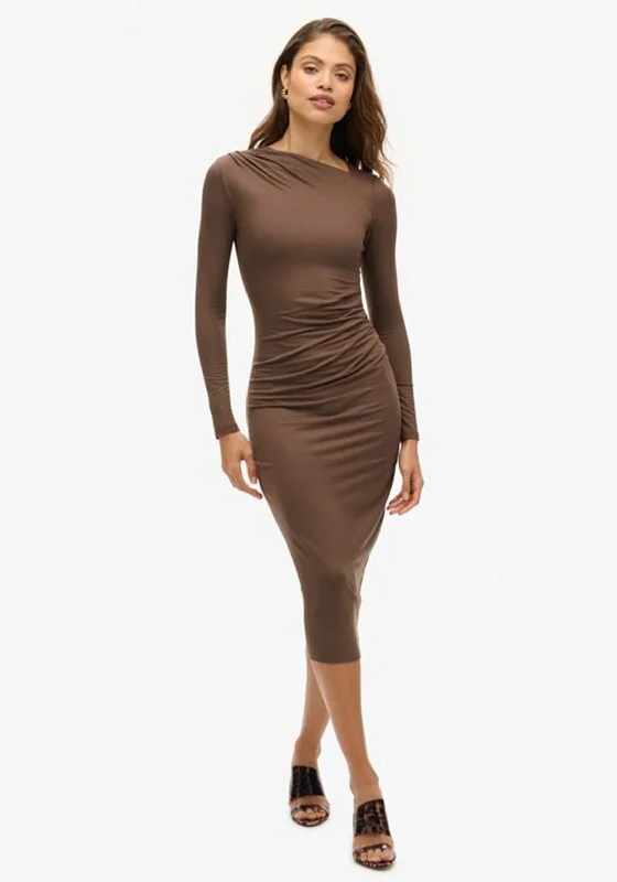 Superdry Womens Long Sleeve Ruched Midi Dress, Chocolate Brown Comfortable Wrap Midi Dress