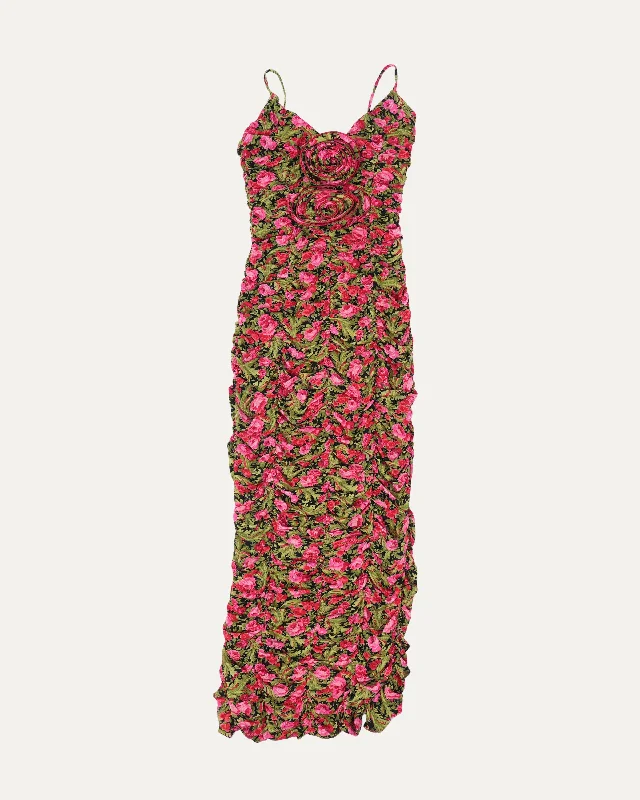 Ruched Floral Appliqué Midi Dress Comfortable Casual Midi Dress