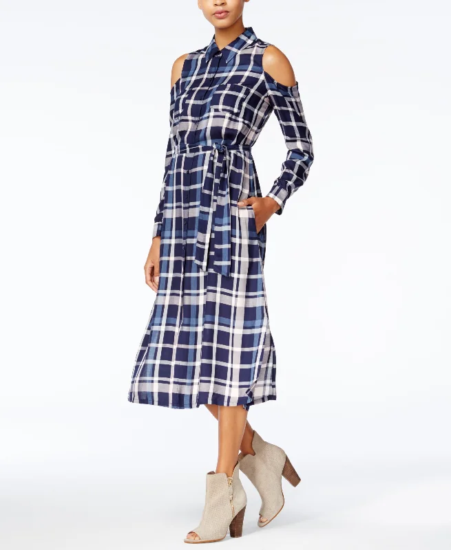 Maison Jules Cold Shoulder Plaid Midi Dress Trendy Flared Sleeve Midi Dress