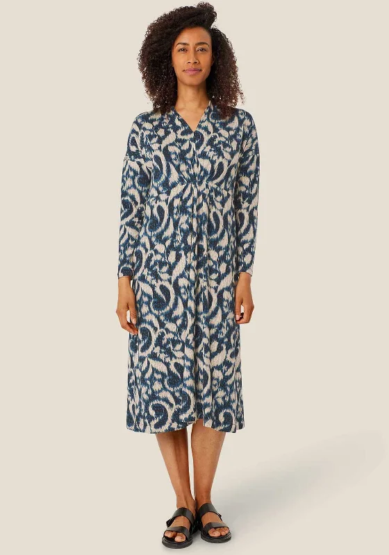 Masai Otobia Jersey Midi Dress, Blue Multi Trendy Off-Shoulder Ruffle Midi Dress