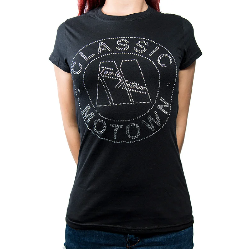 Motown Ladies Fashion T-Shirt: Classic (Diamante) V-Neck T-Shirt Long Sleeve Cotton