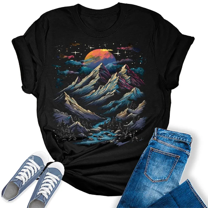 Mountain Moon Night Graphic Tees ForWomen Front Pockets Side Pockets Patch Pockets