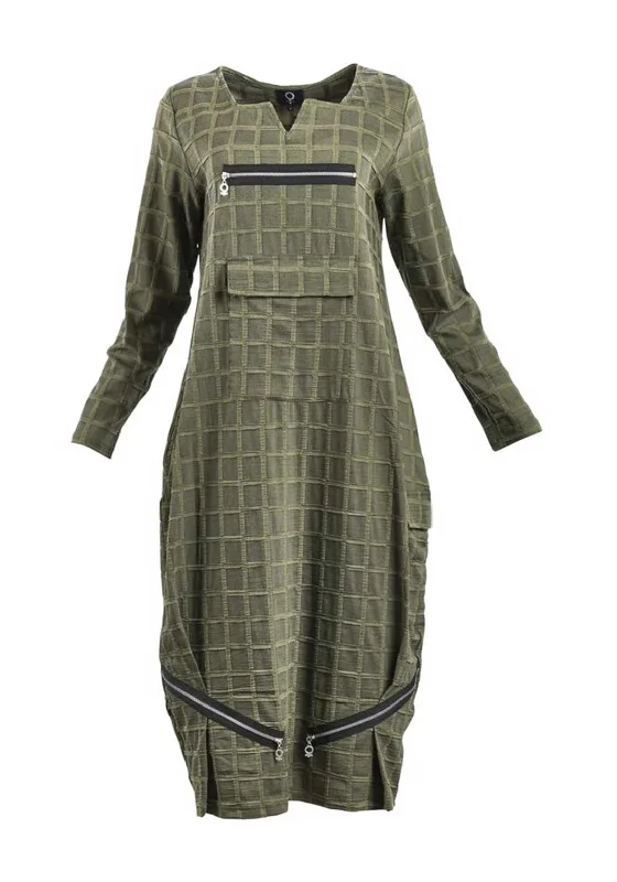 My Soul Grid Bubble Midi Dress, Green Trendy Smocked Detail Midi Dress