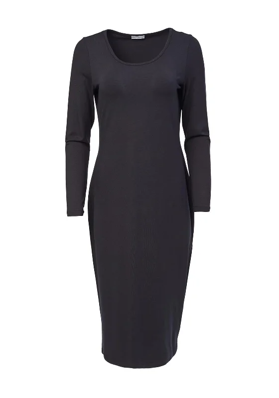 Naya Basic Jersey Midi Dress, Black Trendy Midi Dress with Belt