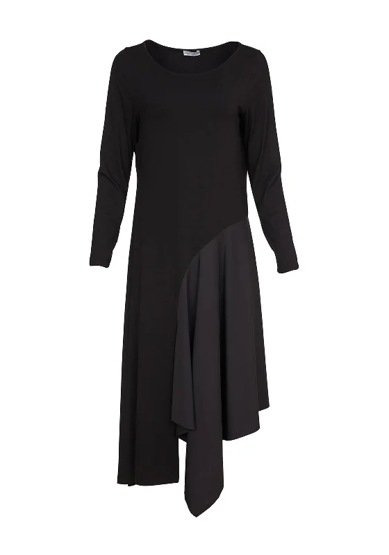 Naya Contrast Panel Midi Dress, Black Elegant Satin Midi Dress