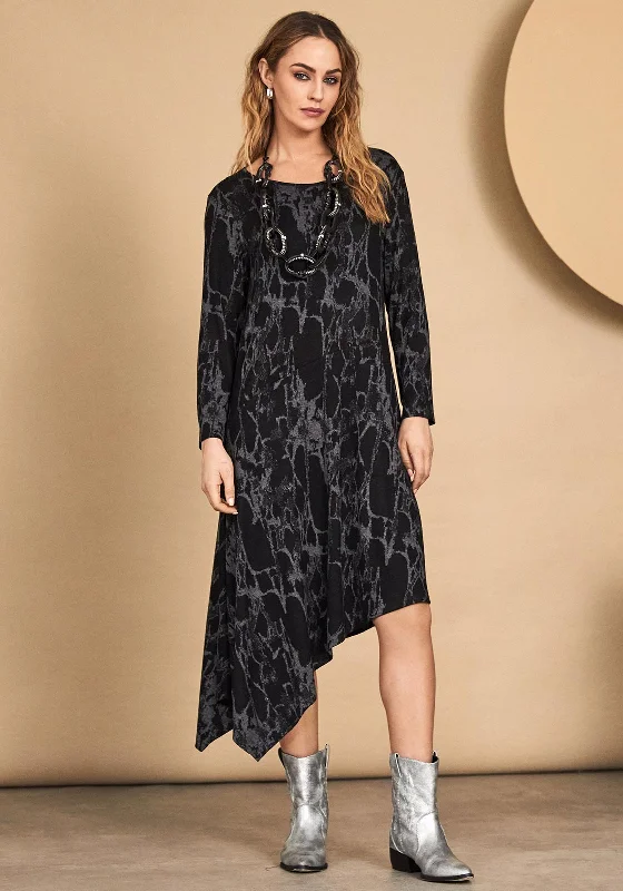 Naya Asymmetric Hem Print Midi Dress, Black Cozy Ribbed Knit Midi Dress