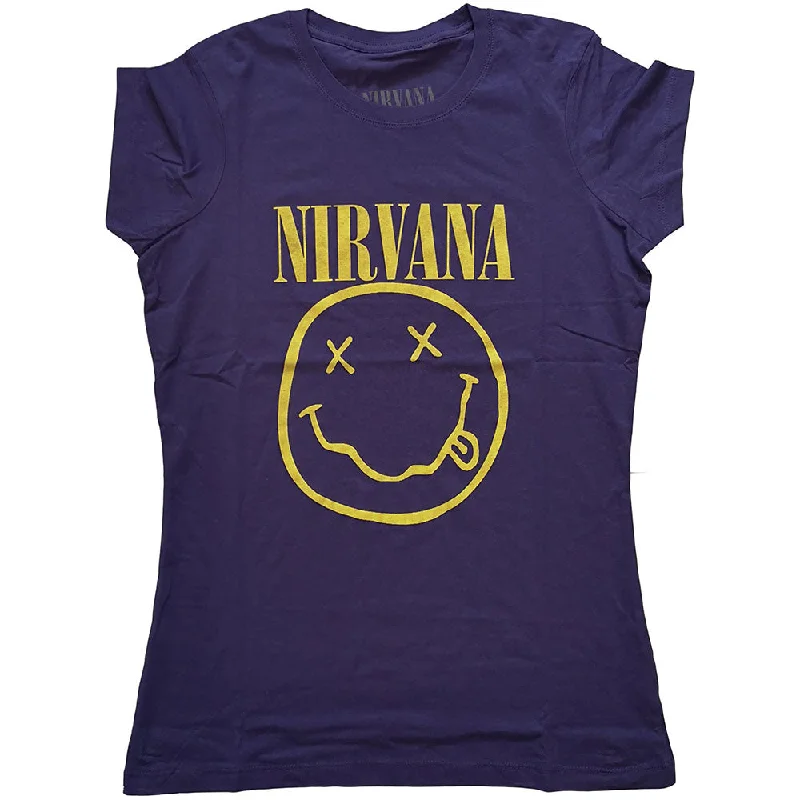 Nirvana Ladies T-Shirt: Yellow Happy Face Mesh Blend Leather Blend Suede Blend