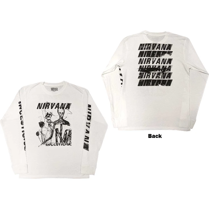 Nirvana Unisex Long Sleeve T-Shirt: Incesticide (Back & Sleeve Print) Ribbed Striped Patterned