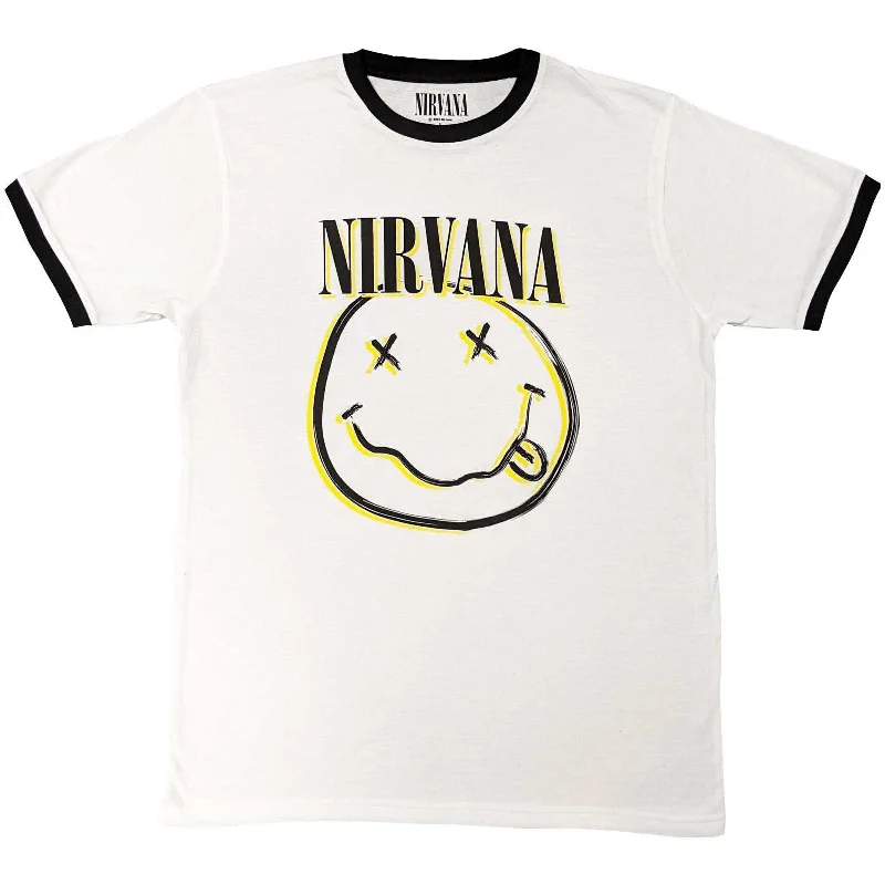 Nirvana | Official Band Ringer T-Shirt | Double Happy Face Chenille Fabric Brocade Fabric Lace Fabric