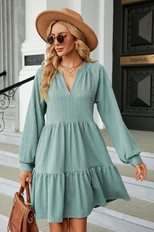 Notched Neck Long Sleeve Mini Dress Trendy Mesh Mini Dress