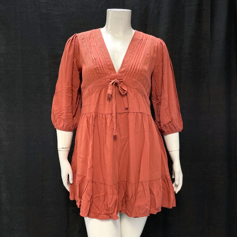 NWT Wmns BALTIC BORN Dark Salmon Half Puff Sleeve Tiered Short Mini Dress Sz L Elegant Mini Dress with Ruffles