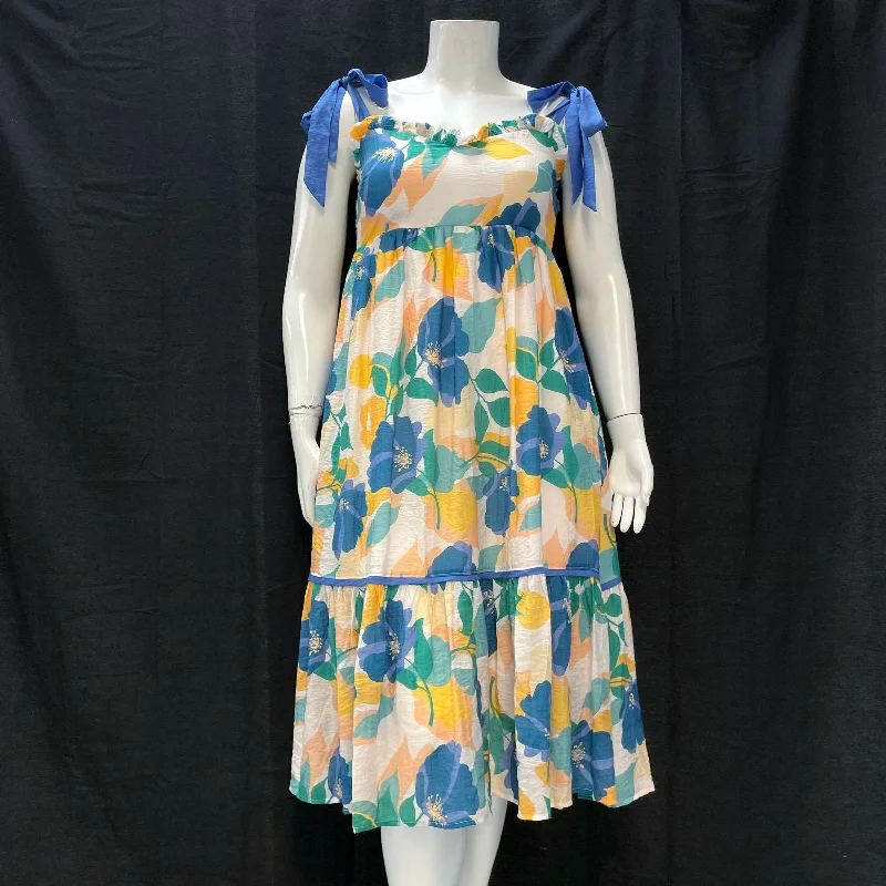 NWT Wmns ENTRO Blue Yellow Floral Bow Tiered Sweetheart Garden Midi Dress Sz L Elegant Floral Appliqué Midi Dress