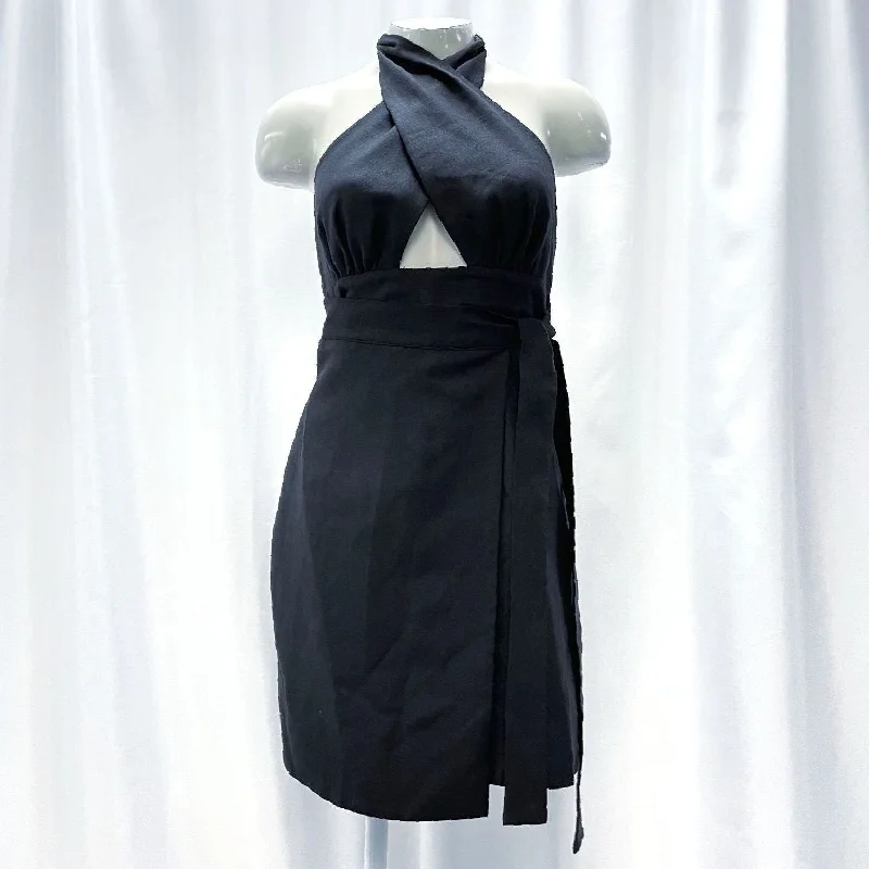 NWT Wmns SHONA JOY Linen Blend Black Faux Wrap Keyhole Halter Mini Dress Sz 2 Stylish Ribbed Mini Dress