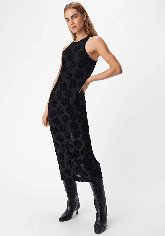 Object Alma Mesh Floral Midi Dress, Black Comfortable Ruched Midi Dress