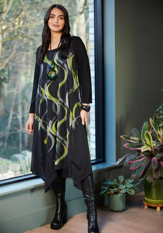 Ora Wavy Print Long Sleeve Midi Dress, Black Comfortable Deep V Midi Dress