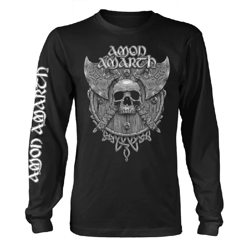 Amon Amarth Unisex Long Sleeved T-shirt: Grey Skull (Black) (back print) Lace Blend Ribbed Blend Corduroy Blend