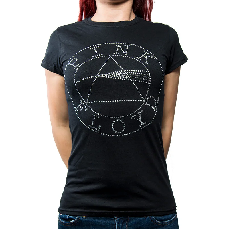 Pink Floyd Ladies Fashion T-Shirt: Circle Logo (Diamante) Front Pockets Side Pockets Patch Pockets