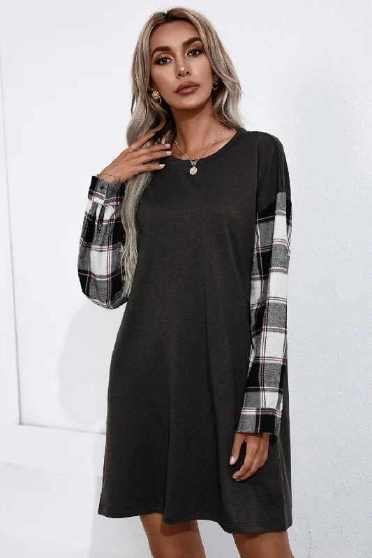 Plaid Sleeve Contrast T-Shirt Dress Mesh Canvas Denim