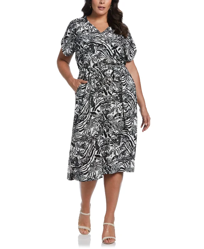 Plus Size Zebra Print V-Neck Sleeveless Midi Dress with Self Fabric Tie Stylish Vintage Midi Dress