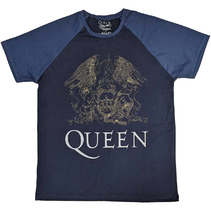 Queen | Official Band Raglan T-Shirt | Crest Mesh Canvas Denim