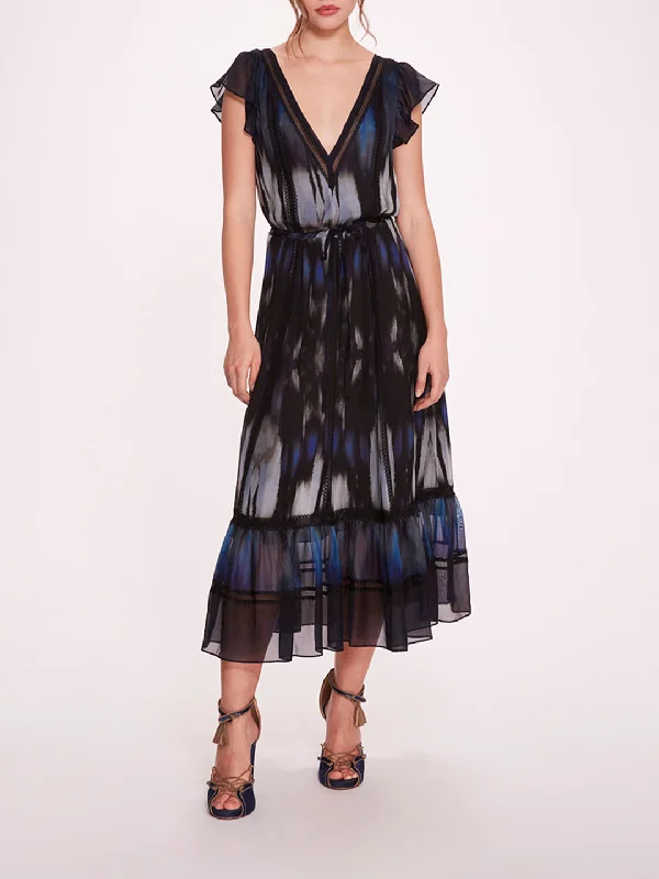 Abstract Viscose Midi Dress Fashionable Sheer Sleeve Midi Dress