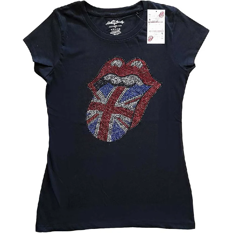 The Rolling Stones Ladies T-Shirt: Classic UK (Diamante) Collared T-Shirt Boat Neck A-Line