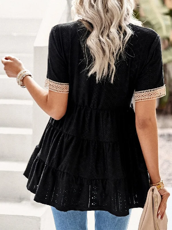 Short Sleeve Mini Dress with Lace Fashionable Mini Dress with Pockets