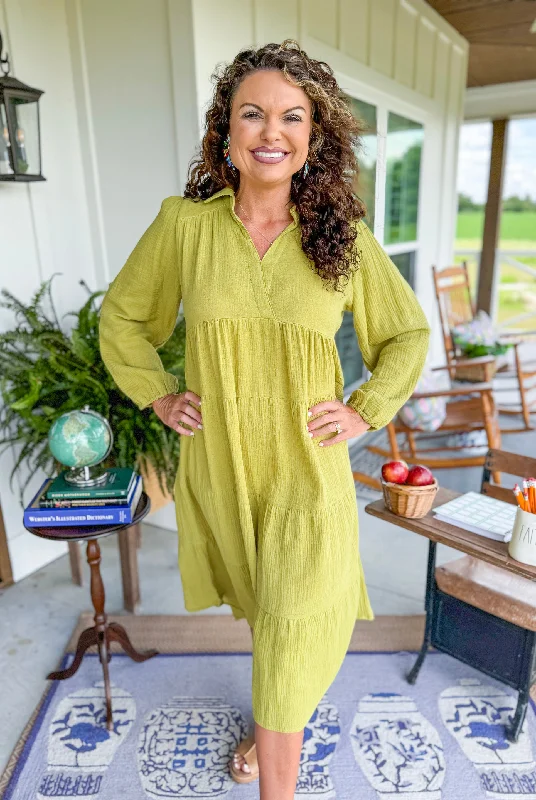 Southern Sass Midi Dress in Avacado Trendy Long Sleeve Midi Dress