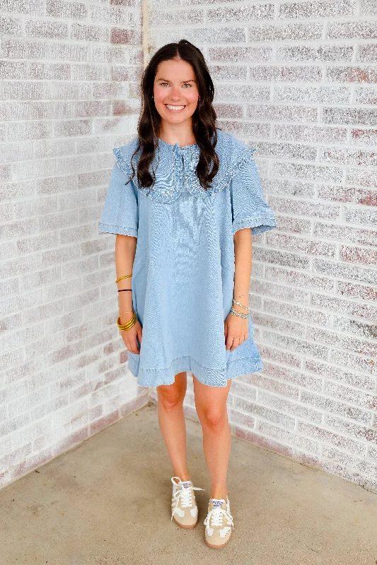 Storybook Romance Peter Pan Collar Denim Mini Dress Comfortable Ruffle Mini Dress