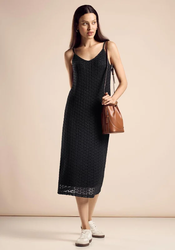 Street One Broidery Lace Midi Dress, Black Comfortable Ribbed Midi Dress