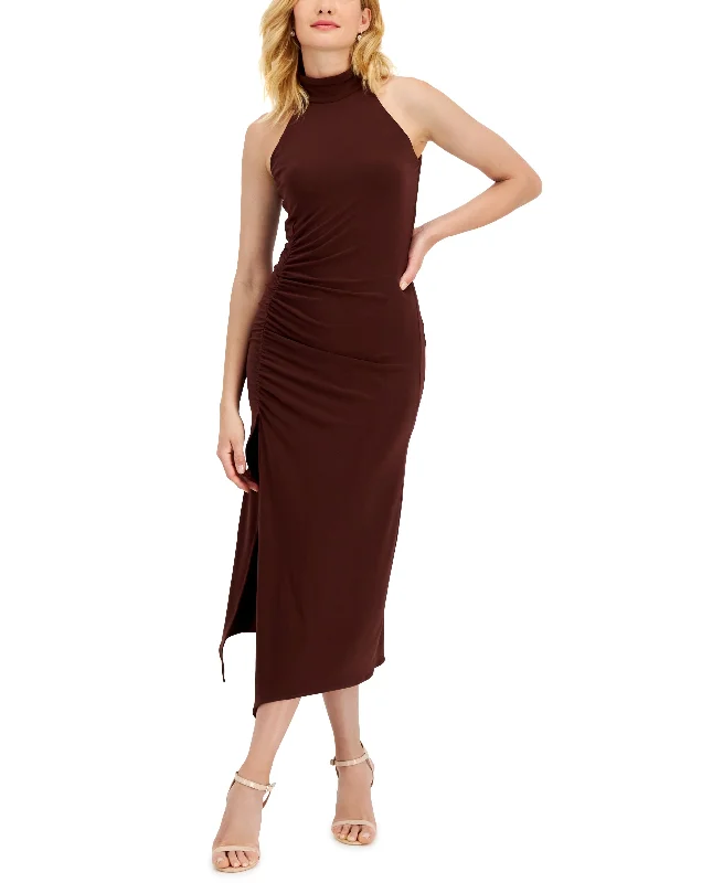 Taylor Mock Neck Shirred Asymmetrical Hem Midi Dress Stylish Wraparound Midi Dress