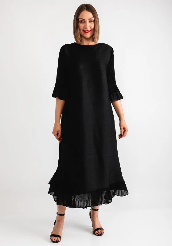 Thanny Ruffle Trim Midi Dress, Black Fashionable Floral Embroidery Midi Dress