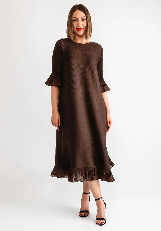 Thanny Ruffle Trim Midi Dress, Brown Stylish Button-Up Midi Dress