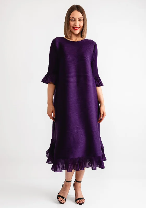 Thanny Ruffle Trim Midi Dress, Purple Fashionable Polka Dot Midi Dress