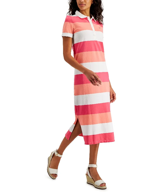 Tommy Hilfiger Womens Striped Polo Midi Dress Fashionable Plaid Midi Dress