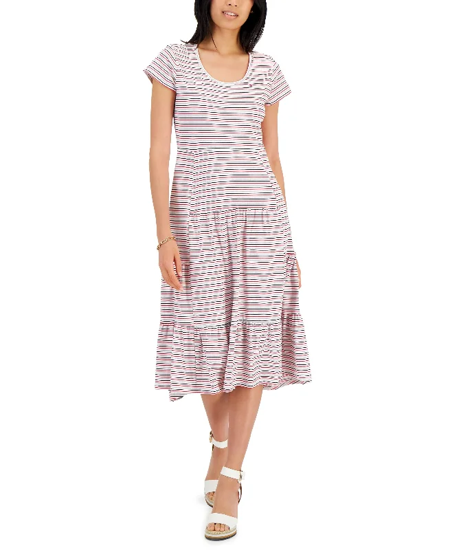 Tommy Hilfiger Womens Striped Tiered Midi Dress Comfortable Draped Midi Dress