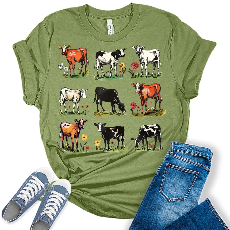 Trendy Cow Summer Collage Womens Graphic Tees Mesh Fabric Canvas Fabric Denim Fabric