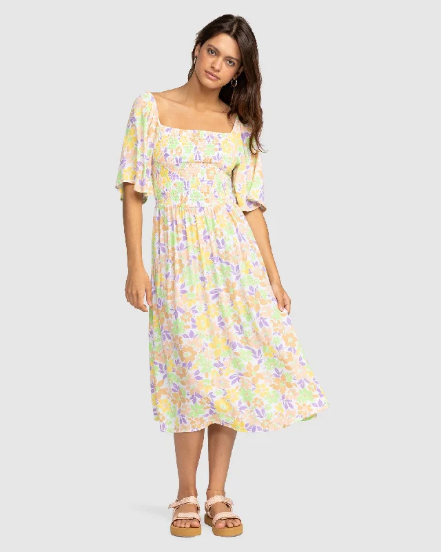 Womens Tropical Sunshine Midi Dress Trendy Ruffled Sleeve Midi Dress