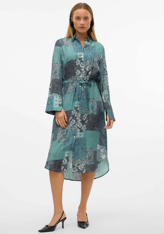 Vero Moda Natja Patchwork Shirt Midi Dress, Green Elegant Puff Sleeve Midi Dress