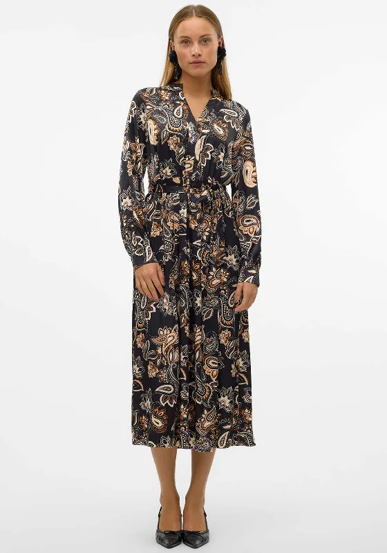 Vero Moda Thor Paisley Print Midi Dress, Black Cozy A-Line Midi Dress