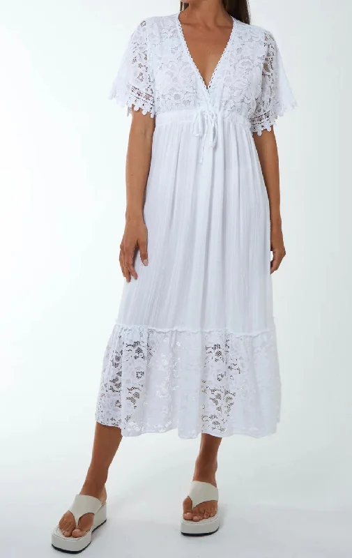 White Lace Tiered Midi Dress Stylish Button-Down Midi Dress