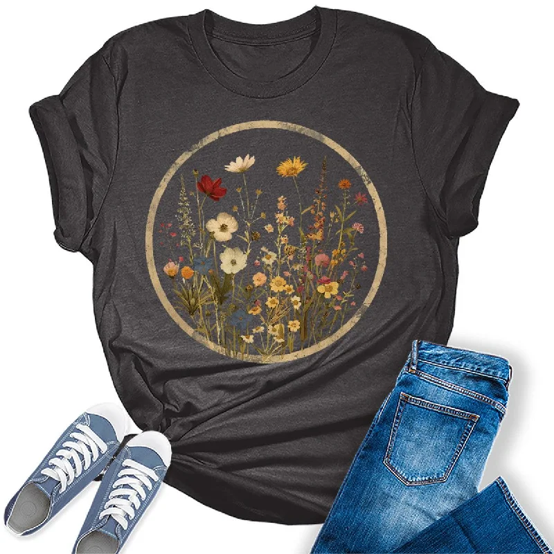 Women's Boho Aesthetic Cottagecore Wildflowers Graphic Tees Basic T-Shirt Crew Neck Short Sleeve