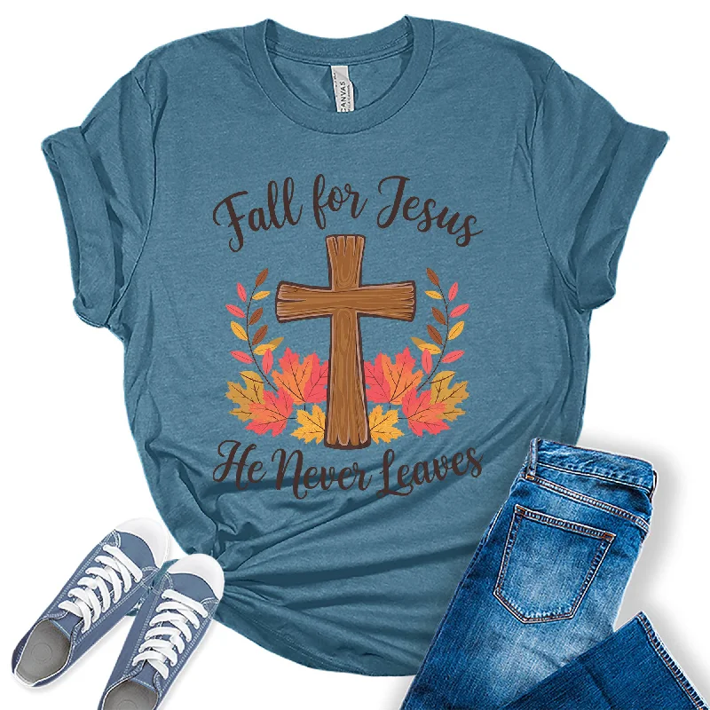 Womens Fall for Jesus Christians Cross Graphic Tees Satin Fabric Silk Fabric Chiffon Fabric