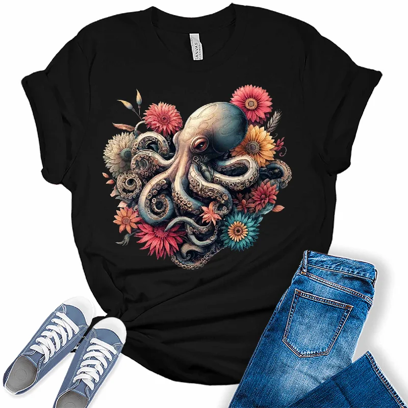 Womens Floral Kraken Octopus Trendy Summer Graphic Tees Handmade Hand-knitted Hand-woven