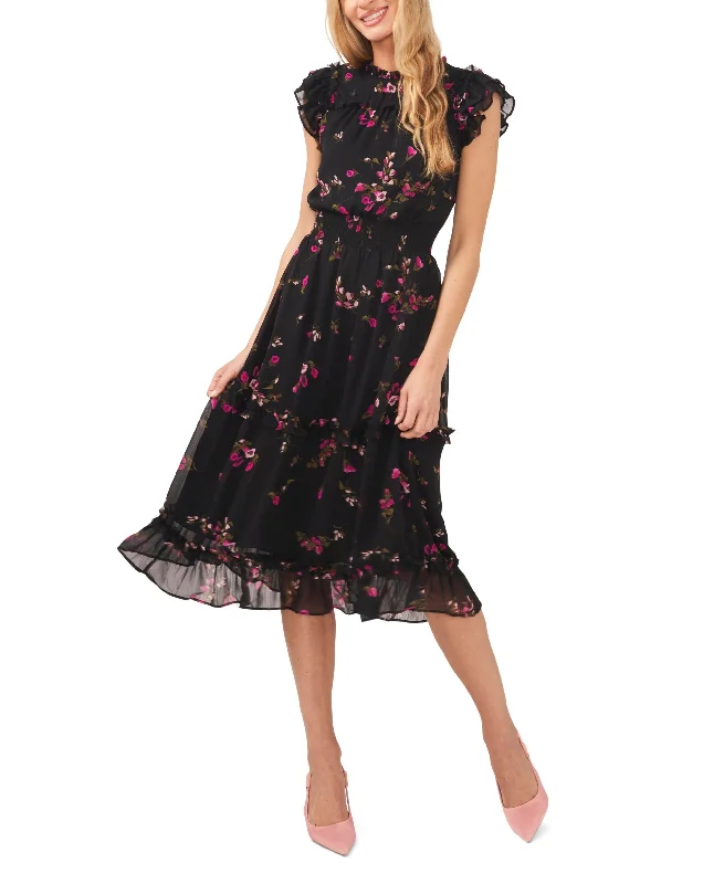 Women's Floral Print Smocked-Waist Midi Dress Fashionable Off-Shoulder Dress Midi