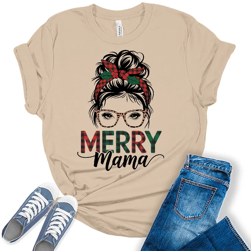 Women's Merry Mama Messy Bun Graphic Tees Collared Crew Neck Turtle Neck