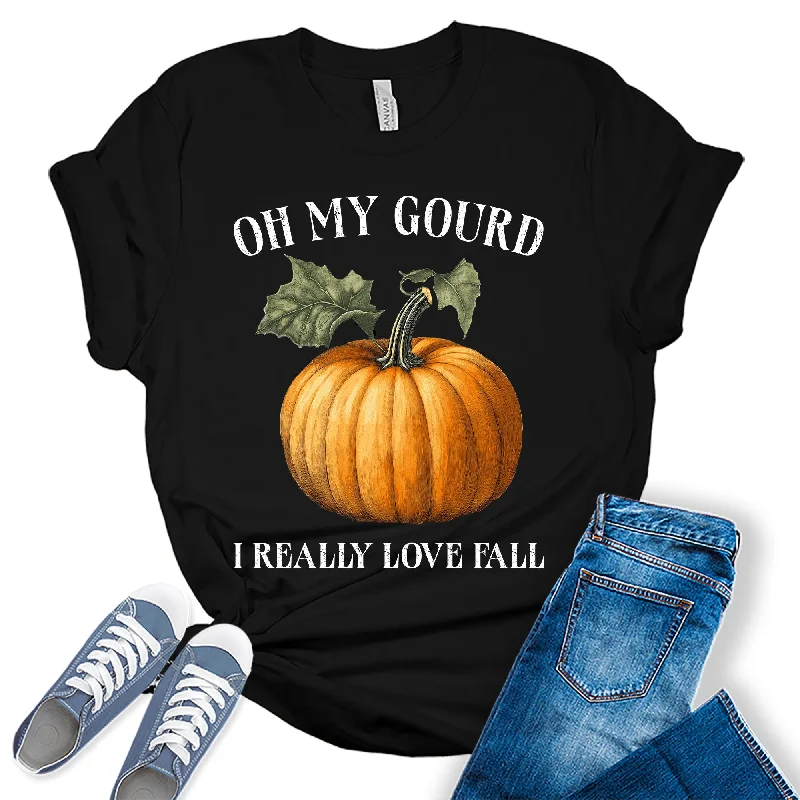 Womens Oh My Gourd I Love Fall Thanksgiving Graphic Tees Anti-Pilling Machine Wash Handmade