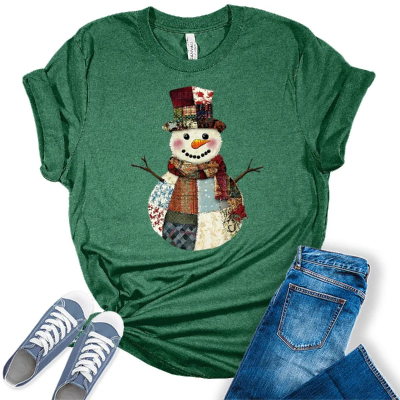 Women's Patch Work Snowman Christmas Graphic Tees Wool Fabric Cashmere Fabric Tweed Fabric